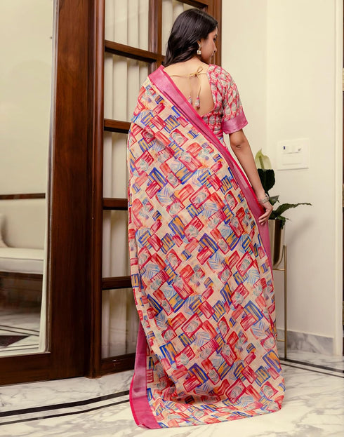 Vasthrlay Womens Printed Unstitched Cream Saree