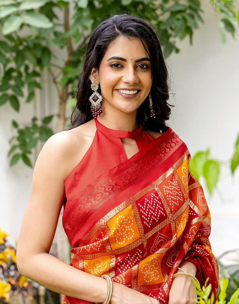Vasthrlay Chanderi Bandhani Red And Yellow Saree With Unstitched Blouse Piece