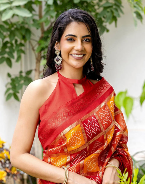 Vasthrlay Chanderi Bandhani Unstitched Red Saree