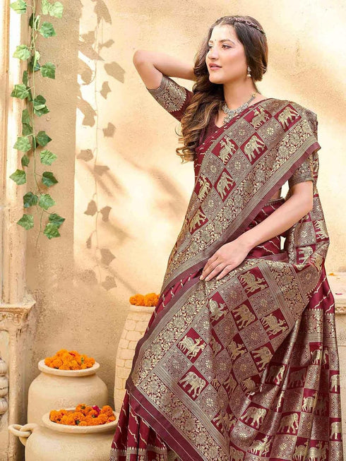 Vasthrlay Banarasi Weaving Maroon Saree