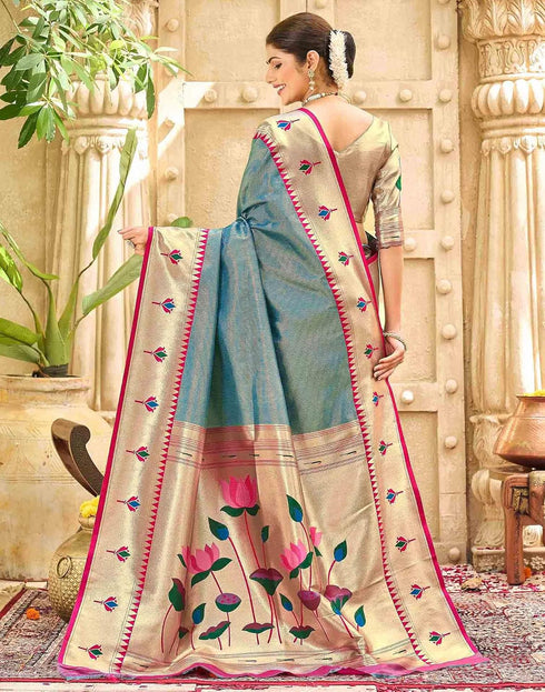 Vasthrlay Paithani Kanjivaram Green Saree With Golden Unstitched Blouse Piece