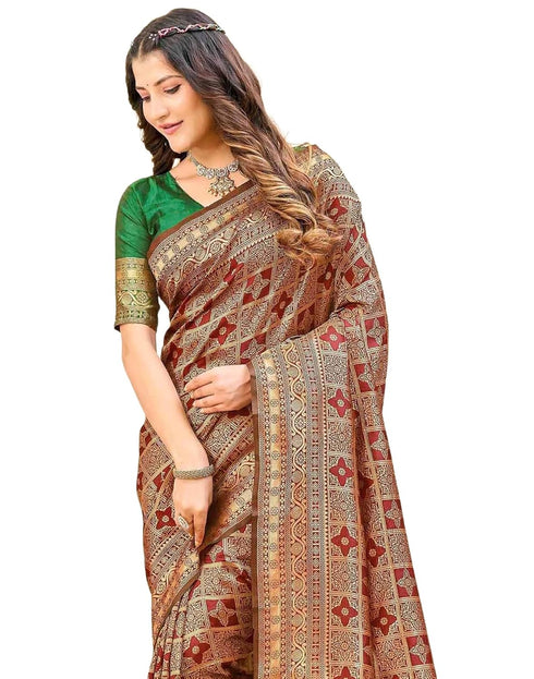 Vasthrlay Womens Weaving Maroon Saree With Green Unstitched Blouse Piece