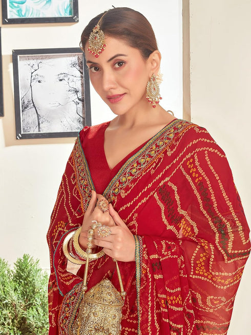 Vasthrlay Georgette Embroidery Unstitched Red Saree