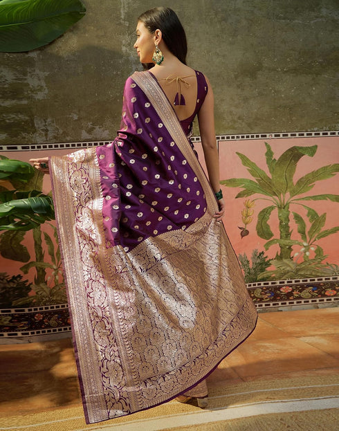 Vasthrlay Kanjivaram Jacquard Purple Saree With Unstitched Blouse Piece