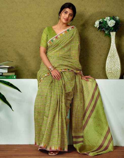 Vasthrlay Chanderi Printed Green And Multi Saree With Unstitched Blouse Piece