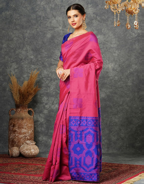 Vasthrlay Banarasi Jacquard Pink And Blue Saree With Unstitched Blouse Piece