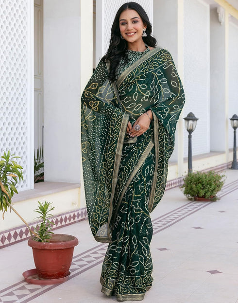Vasthrlay Georgette Bandhani Green Saree With Unstitched Blouse Piece