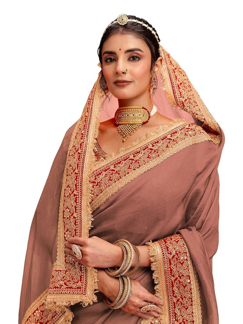 Vasthrlay Vichitra Embroidery Unstitched Red Saree