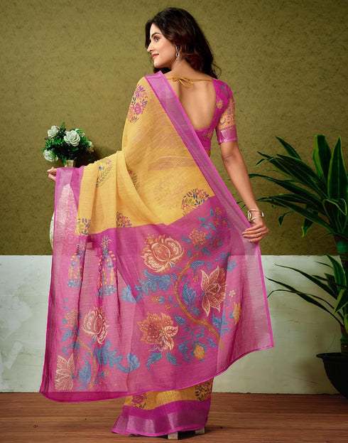 Vasthrlay Womens Cotton Printed Yellow Saree