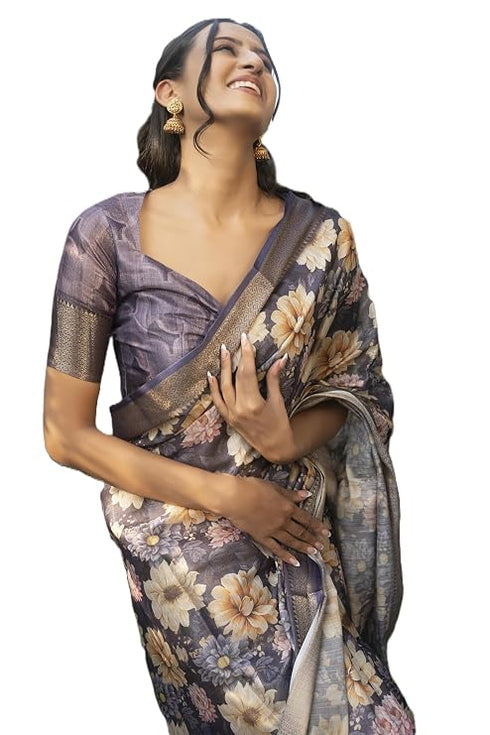 Vasthrlay Mauve Geometric Triangle Print Polyester Saree With Muted Gold Zari Border And Teal Blue Ruched Unstitched Blouse Piece