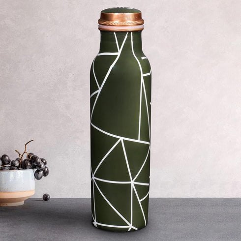 1 Litre Copper Bottle Olive Green Abstract Line