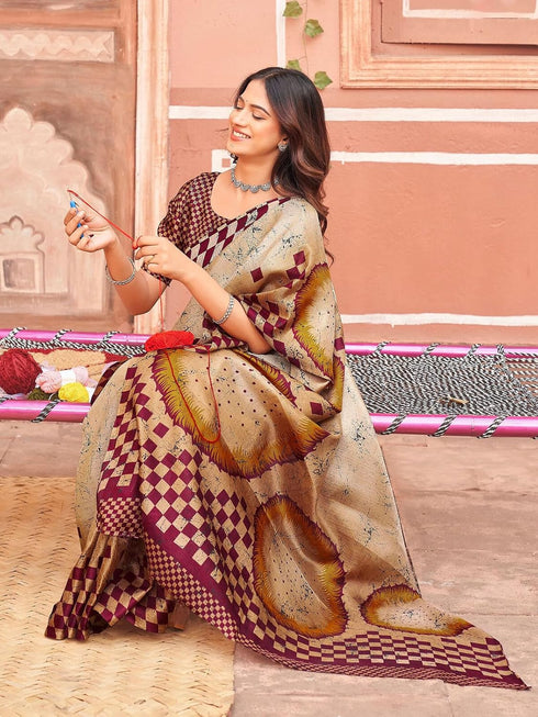 Vasthrlay Womens Printed Unstitched Dusty Pink Saree