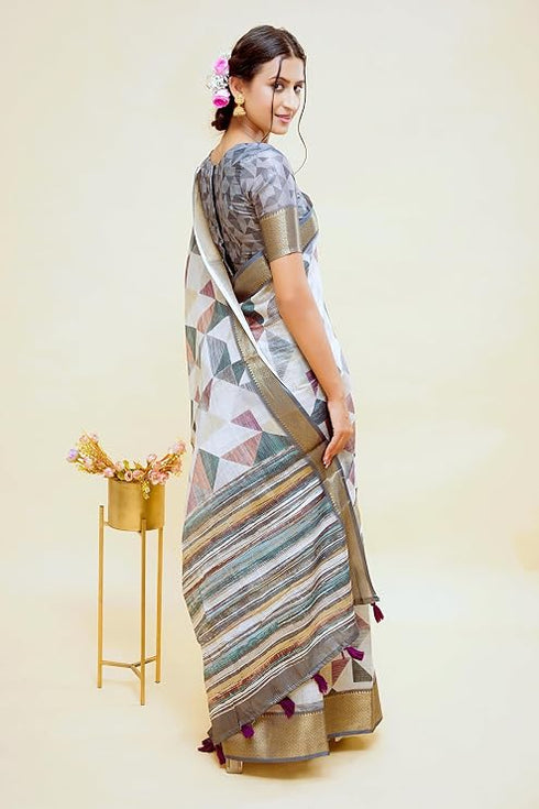 Vasthrlay Grey Mauve Geometric Triangle Print Polyester Saree With Muted Gold Zari Border And Teal Blue Ruched Unstitched Blouse Piece