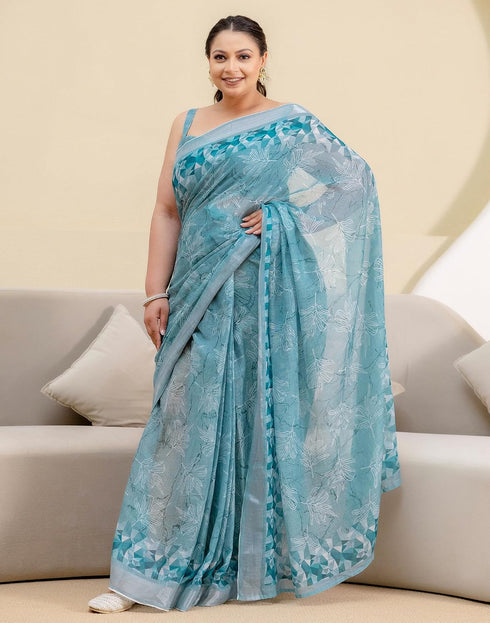 Vasthrlay Womens Printed Blue Saree With Unstitched Blouse Piece