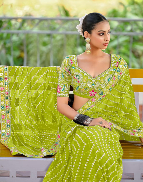 Vasthrlay Georgette Bandhani Unstitched Yellow Saree