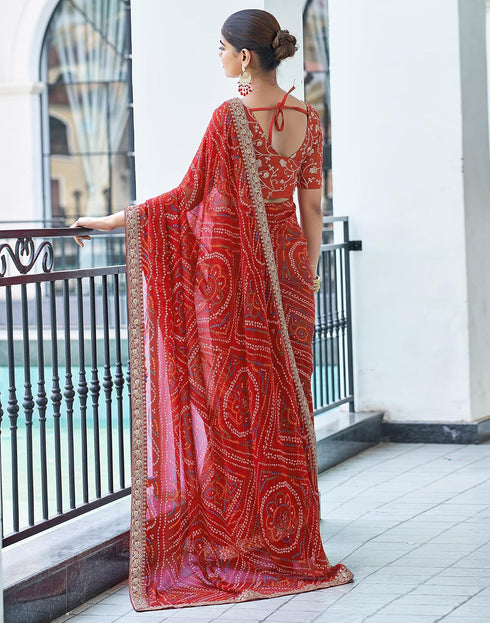 Vasthrlay Embroidery Georgette Red2 Saree With Unstitched Blouse Piece
