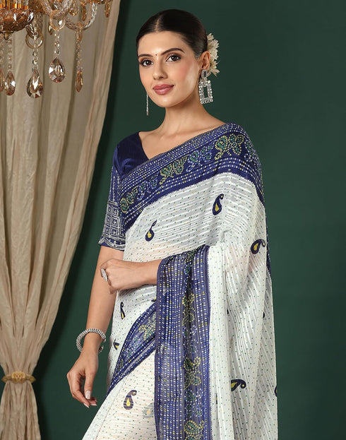 Vasthrlay Georgette Bandhani White And Blue Saree With Unstitched Blouse Piece