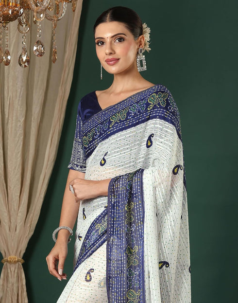 Vasthrlay Georgette Bandhani Unstitched White Saree