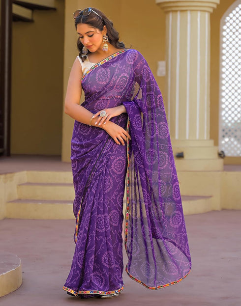 Vasthrlay Georgette Bandhani Purple Saree With Unstitched Blouse Piece