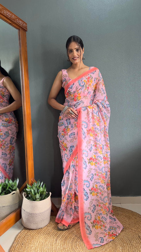 Vasthrlay Pink Georgette Printed Unstitched Saree