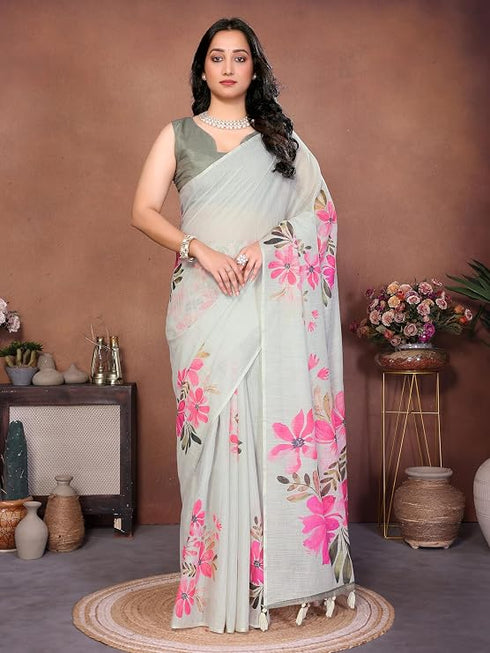 Vasthrlay Off White Floral Printed Design Linen Saree With Solid Unstitched Linen Blouse Piece