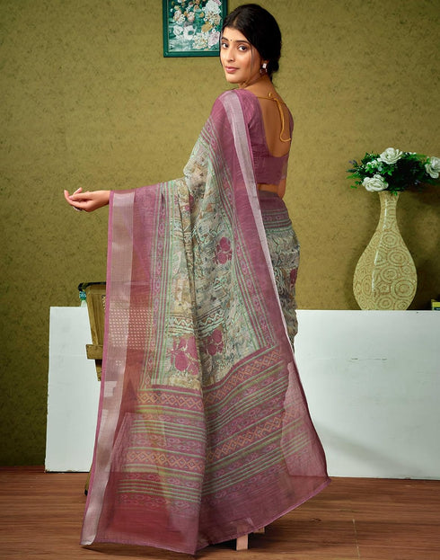 Vasthrlay Womens Cotton Printed Green And Wine Saree With Unstitched Blouse Piece