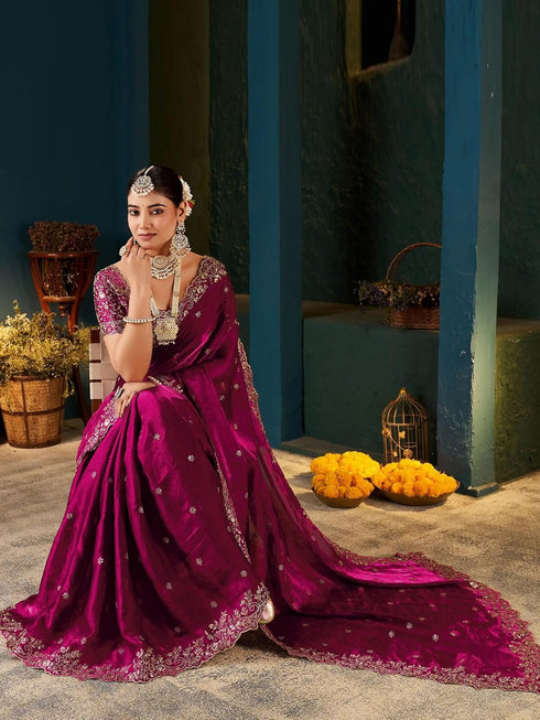 Vasthrlay Scalloped Embroidery Unstitched Rani Pink Saree