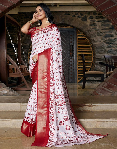 Vasthrlay Womens Printed Unstitched White Saree