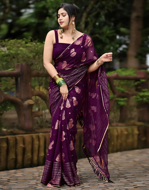 Vasthrlay Georgette Printed Purple Saree With Unstitched Blouse Piece