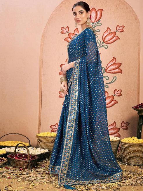 Vasthrlay Embroidery Bandhani Unstitched Rama Green Saree