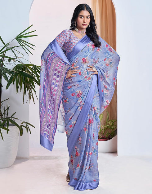 Vasthrlay Georgette Printed Blue Saree With Unstitched Blouse Piece
