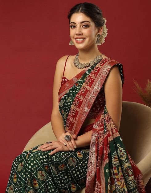 Vasthrlay Georgette Bandhani Dark Green And Maroon Saree With Unstitched Blouse Piece
