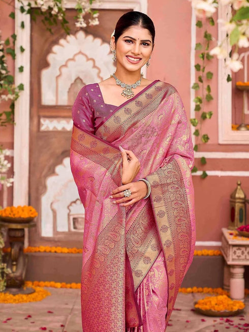 Vasthrlay Banarasi Light Pink Saree With Unstitched Blouse Piece