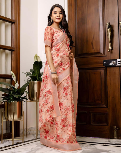 Vasthrlay Womens Cotton Peach Saree With Unstitched Blouse Piece