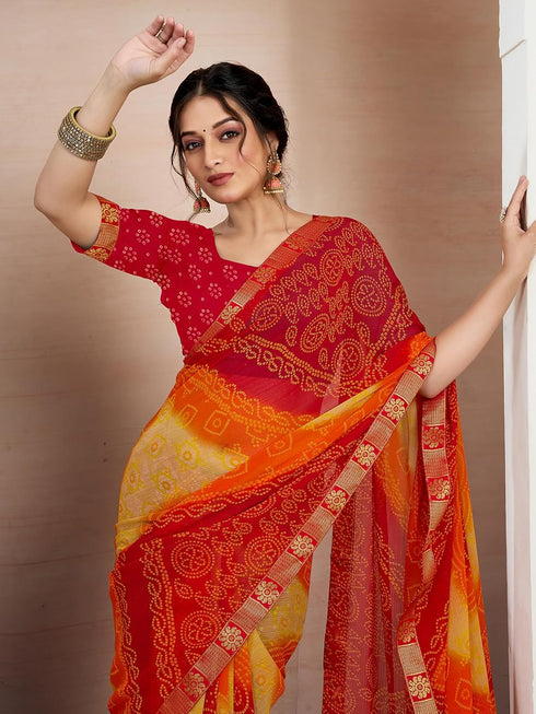 Vasthrlay Chiffon Bandhani Unstitched Yellow Saree