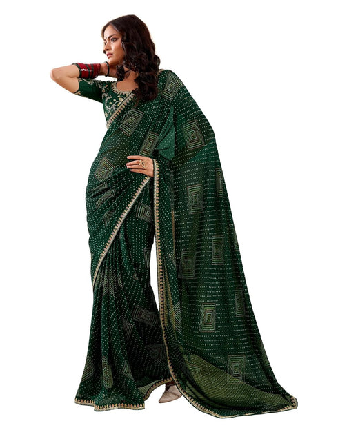 Vasthrlay Georgette Embroidery Unstitched Dark Green Saree