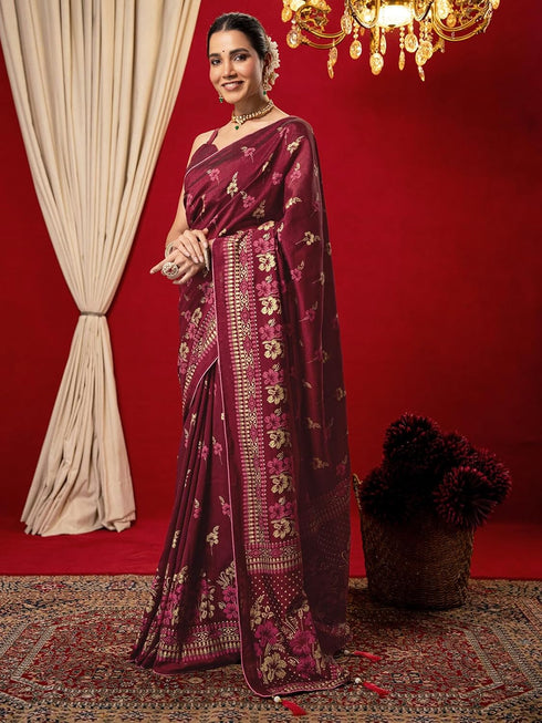 Vasthrlay Vichitra Printed Unstitched Maroon Saree