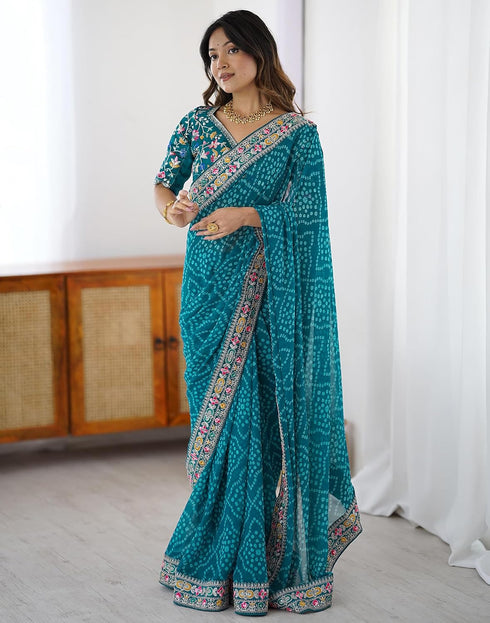 Vasthrlay Georgette Bandhani Black Saree With Multicolour Unstitched Blouse Piece