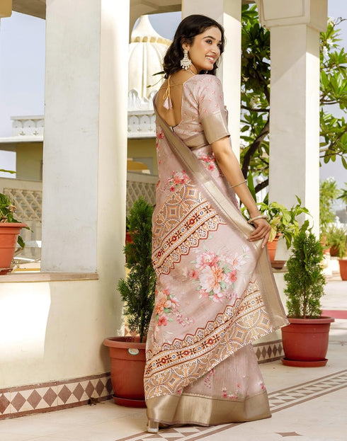Vasthrlay Womens Printed Unstitched Beige Saree