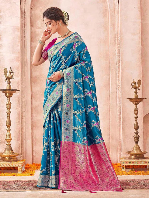 Vasthrlay Womens Banarasi Teal Blue Saree With Rani Pink Unstitched Blouse Piece