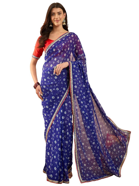 Vasthrlay Vasthrlaywomensbluegeorgettebandhaniprintembroideredlaceworksareewithunstitchedblousepiece Sareeforwoman Designersareeforwomen Tr Ethnic Wear
