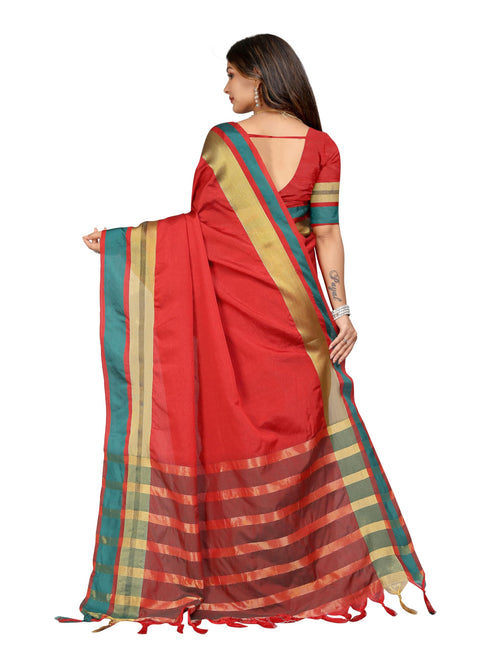 Vasthrlay Red Cotton Unstitched Saree