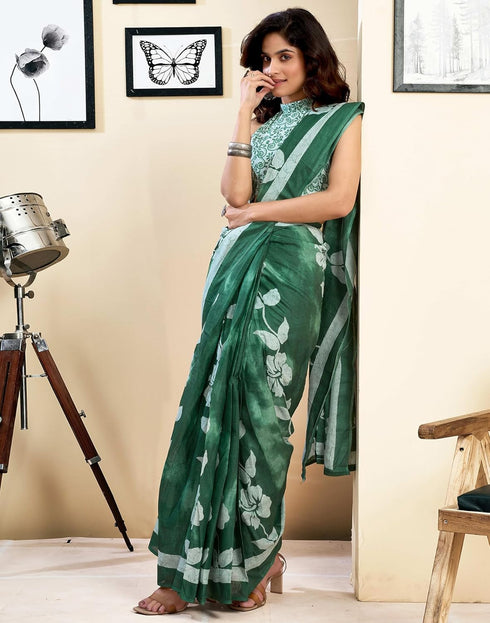 Vasthrlay Womens Printed Unstitched Dark Green Saree