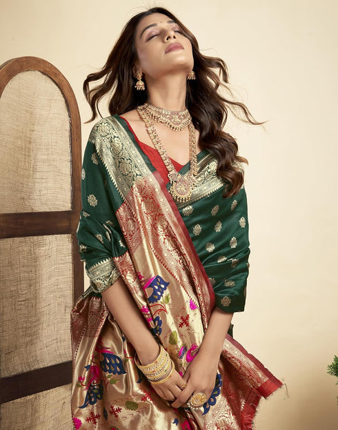 Vasthrlay Jacquard Paithani Unstitched Teal Saree