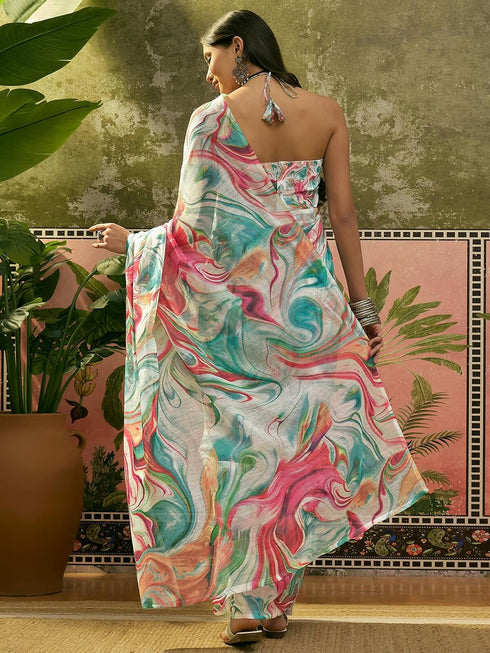 Vasthrlay Womens Printed Multicolour Saree With Unstitched Blouse Piece
