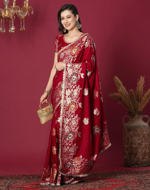 Vasthrlay Kanjivaram Banarasi Unstitched Red Saree