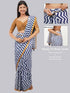Vasthrlay Blue White Multi Print Design Linen Ready To Wear Saree