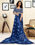 Vasthrlay Womens Printed Dark Blue And White Saree With Unstitched Blouse Piece