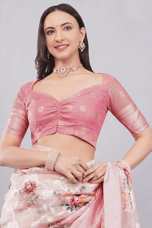 Vasthrlay Pink Floral Print Chanderi Silk Blend Saree With Unstitched Blouse Piece