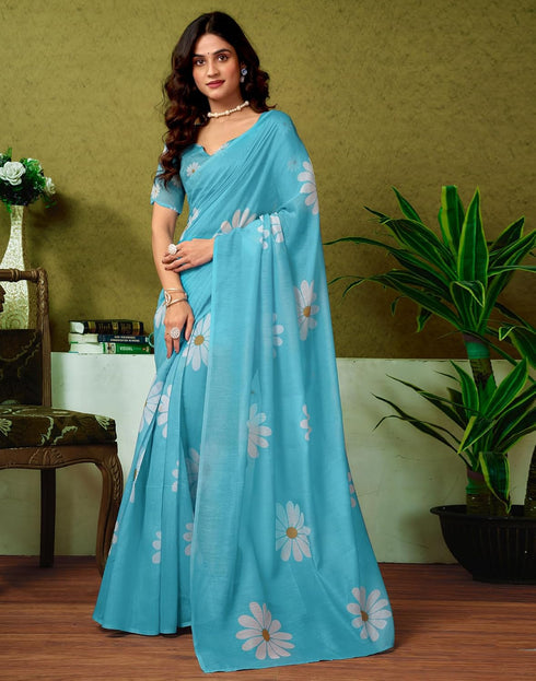 Vasthrlay Chanderi Printed Unstitched Blue Saree